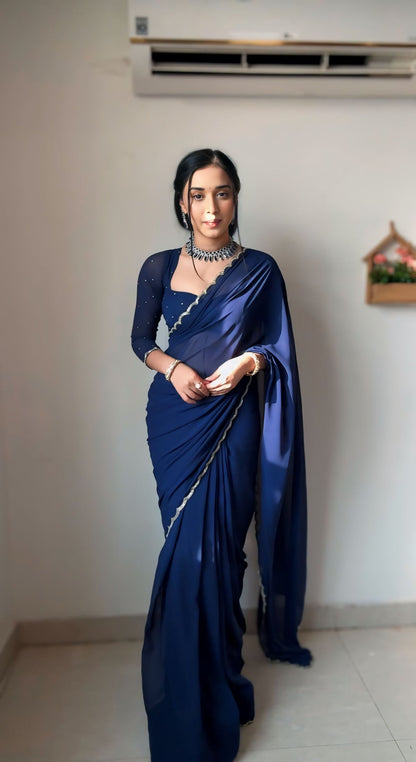 Lustrous Blue Color Georgette Saree: Elegant and Easy-to-Wear for Modern Women