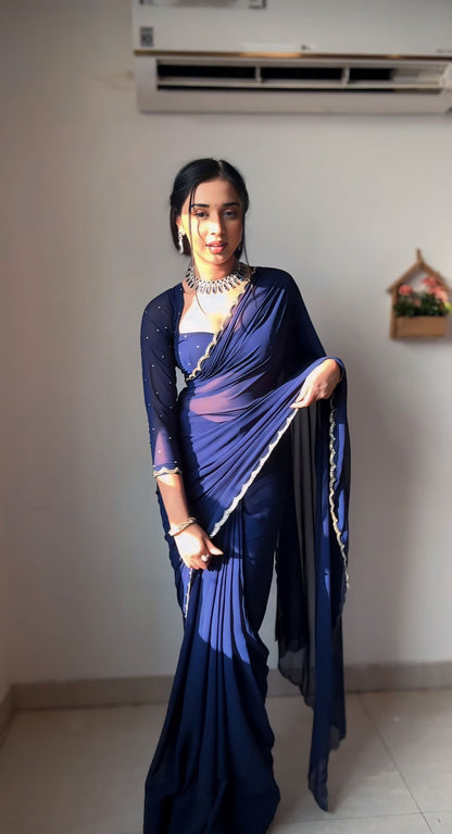 Lustrous Blue Color Georgette Saree: Elegant and Easy-to-Wear for Modern Women