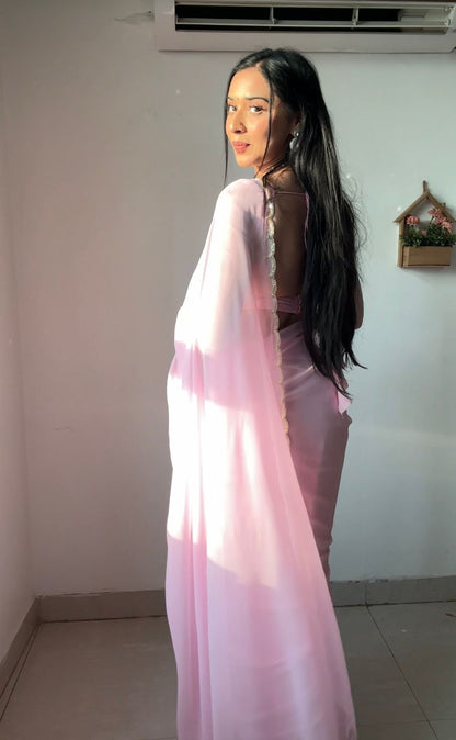 Lustrous Pink Color Georgette Saree: Elegant and Easy-to-Wear for Modern Women