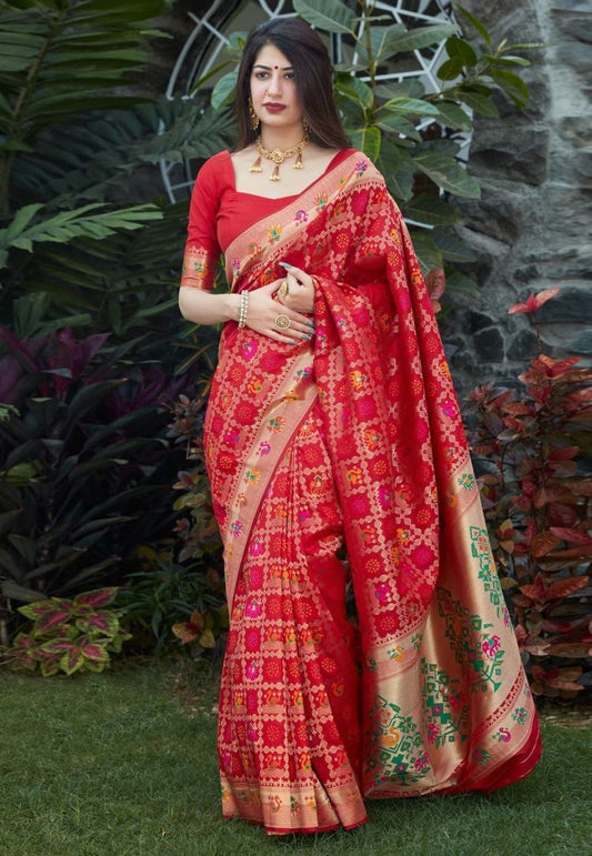 Graceful Red Soft Lichi Silk Saree with Exclusive Jacquard Border Blouse