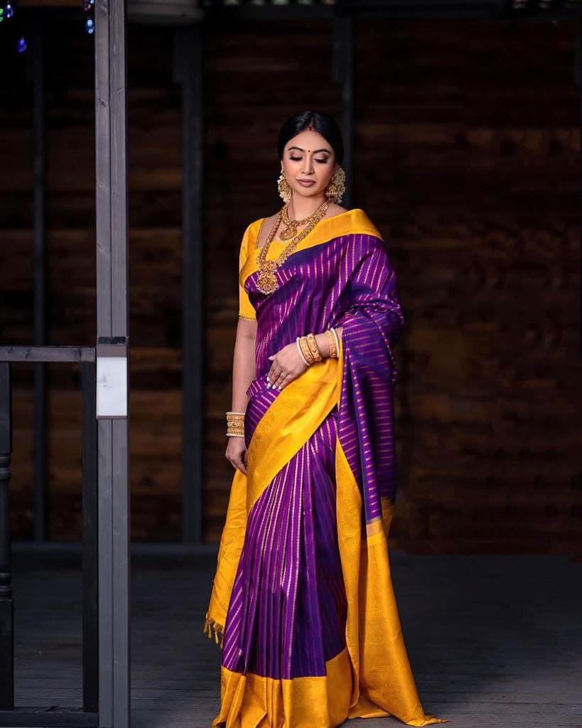 Royal Purple Banarasi Silk Saree with Yellow Border - Festive Wear for Indian Women