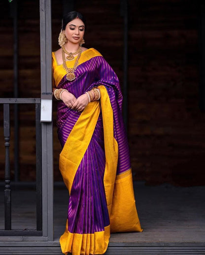 Royal Purple Banarasi Silk Saree with Yellow Border - Festive Wear for Indian Women