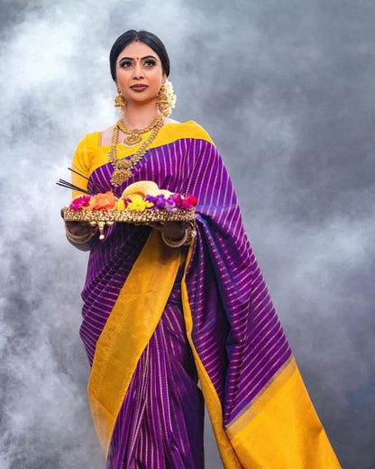 Royal Purple Banarasi Silk Saree with Yellow Border - Festive Wear for Indian Women