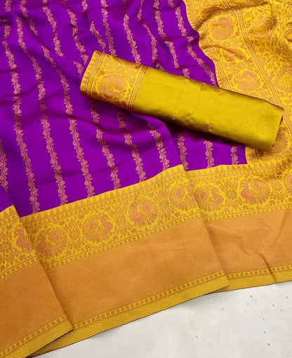 Royal Purple Banarasi Silk Saree with Yellow Border - Festive Wear for Indian Women